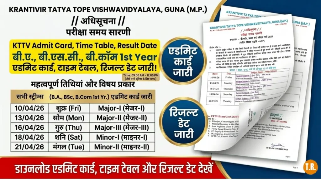 KTTV Admit Card 2026 Official Website: B.A., BSc, B.Com. 1st year Time Table और Result Date जारी!