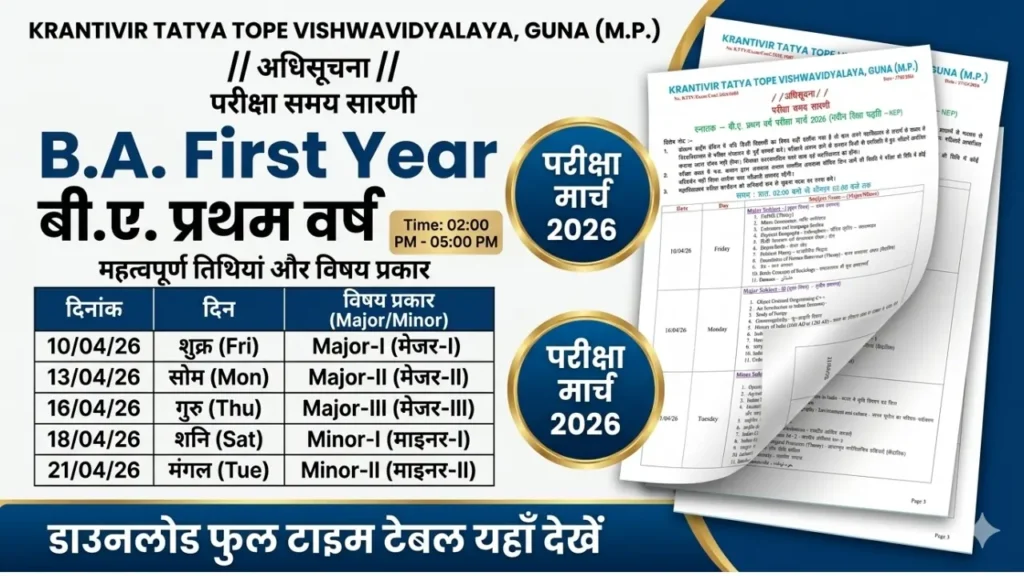 KTTV Guna B.A. 1st Year Time Table 2026 (NEP): Exam Dates